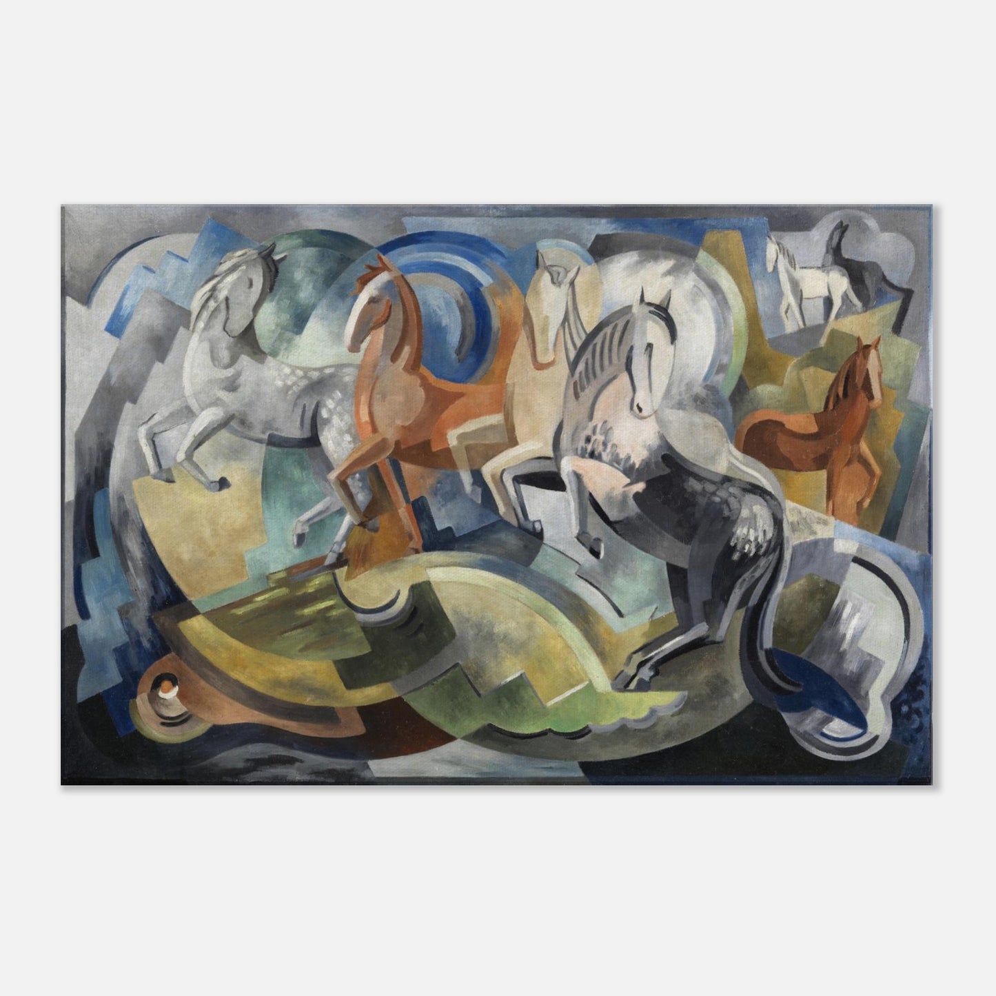 Irish Abstract painting with geometric shapes including horses
and colours on a gray background